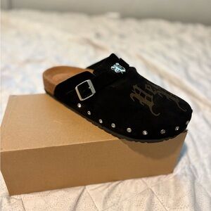 Black Suede Loafers with Silver Accents